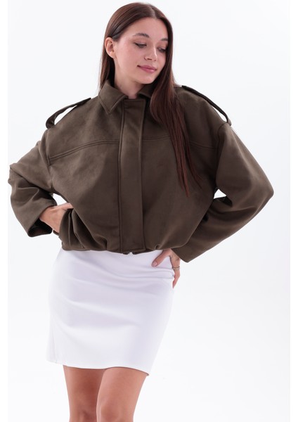 Oversize Haki Süet Bomber Ceket Şık Tarz