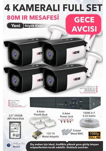4 Kameralı Fullhd 80M Gece Görüşlü Güvenlik Kamerası Seti - 250GB