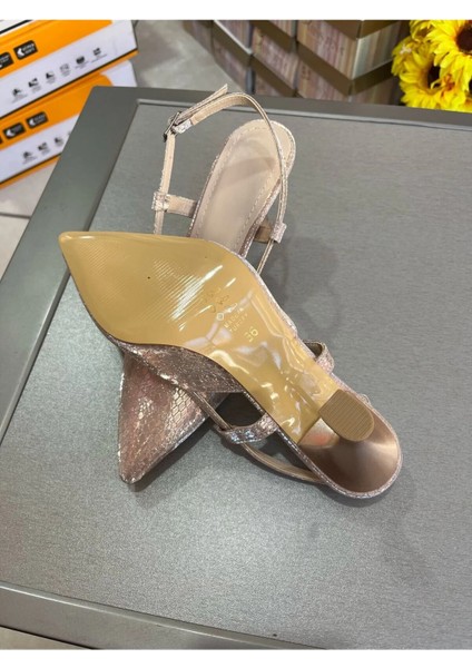 En Moda Açık Rose Gold 7cm Kadeh Topuk Arkası Açık Yan Bantlı Çok Rahat Kadın Abiye Ayakkabı modelleri