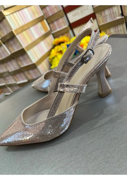 En Moda Açık Rose Gold 7cm Kadeh Topuk Arkası Açık Yan Bantlı Çok Rahat Kadın Abiye Ayakkabı fırsatları