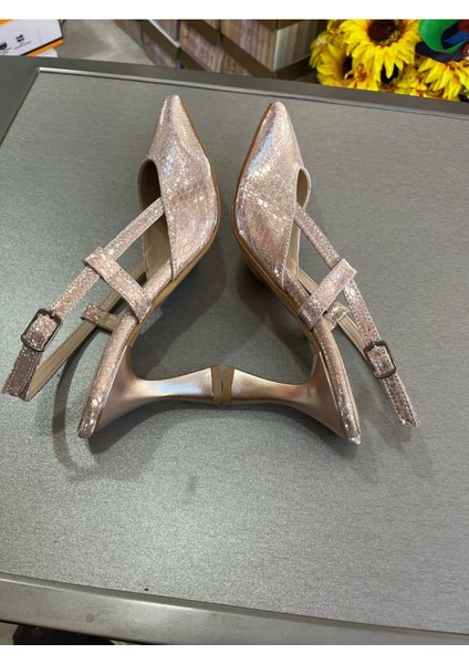 En Moda Açık Rose Gold 7cm Kadeh Topuk Arkası Açık Yan Bantlı Çok Rahat Kadın Abiye Ayakkabı indirimleri