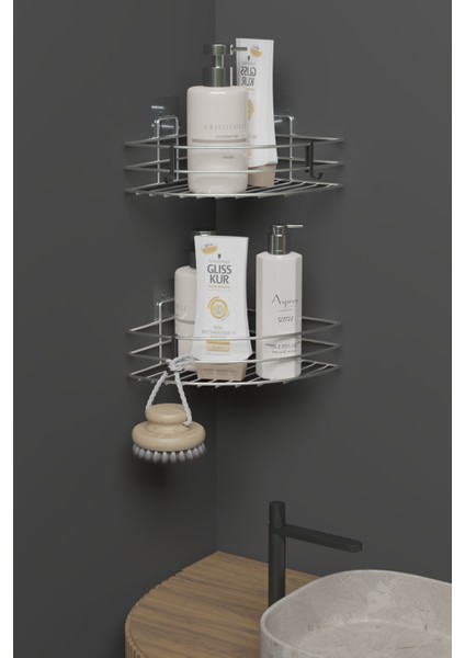 2’li Yapışkanlı Krom Metal Oval Köşe Banyo Rafı – Köşe Şampuanlık & Duş Organizer modelleri