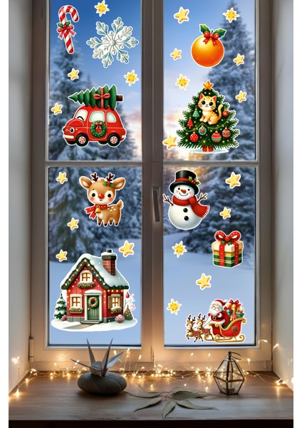 Yılbaşı Cam Sticker Seti – Noel Baba, Kırmızı Araba, Kedi Figürleri - Çocuk & Bebek Odası Çıkartması