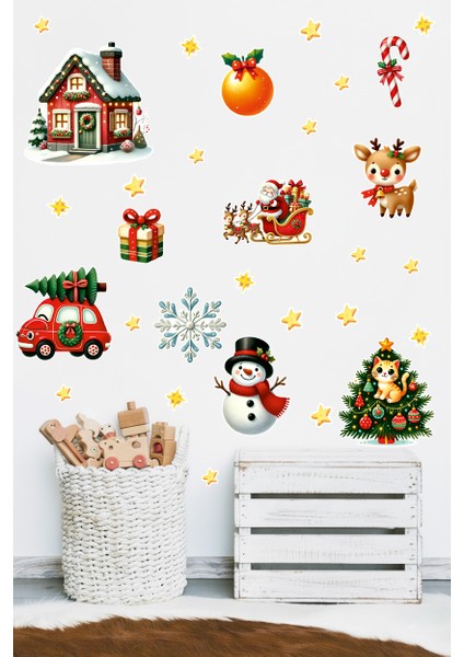 Yılbaşı Cam Sticker Seti – Noel Baba, Kırmızı Araba, Kedi Figürleri - Çocuk & Bebek Odası Çıkartması modelleri