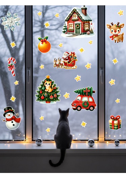 Yılbaşı Cam Sticker Seti – Noel Baba, Kırmızı Araba, Kedi Figürleri - Çocuk & Bebek Odası Çıkartması fırsatları