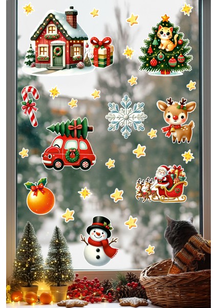 Yılbaşı Cam Sticker Seti – Noel Baba, Kırmızı Araba, Kedi Figürleri - Çocuk & Bebek Odası Çıkartması indirimleri