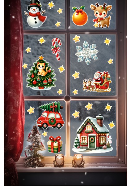 Yılbaşı Cam Sticker Seti – Noel Baba, Kırmızı Araba, Kedi Figürleri - Çocuk & Bebek Odası Çıkartması