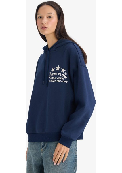 Oversize Geniş Kalıp Kapüşonlu Sırt Baskılı Sweatshirt