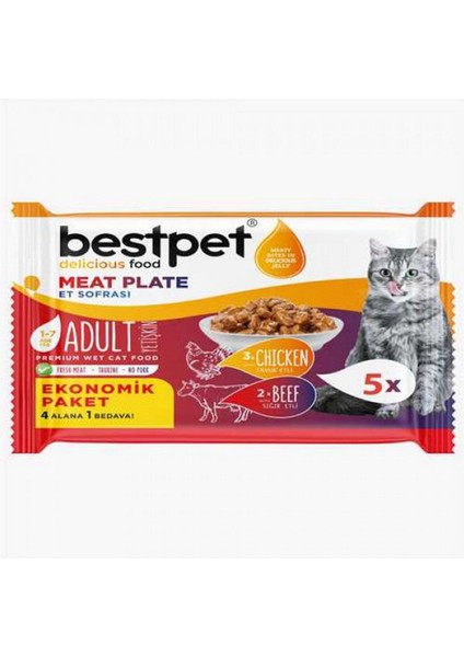 Mtxdpn Bestpet 5X85 gr x 12 Adet Yetişkin Kediler Için, Tahılsız, Jöle Içinde Tavuk Etli, Sığır Etli Ekonomik Et Sofrası Paketi