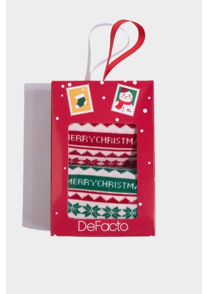 Kadın Kutulu Yılbaşı Temalı 2'li Pamuklu Uzun Çorap