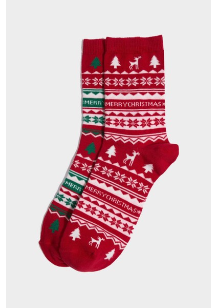 Kadın Kutulu Yılbaşı Temalı 2'li Pamuklu Uzun Çorap