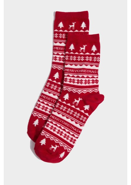 Kadın Kutulu Yılbaşı Temalı 2'li Pamuklu Uzun Çorap