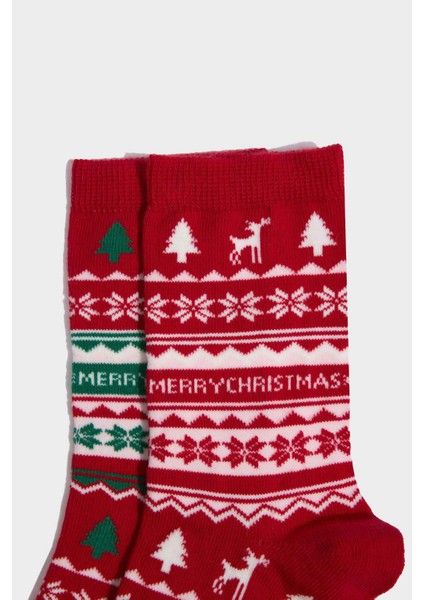 Kadın Kutulu Yılbaşı Temalı 2'li Pamuklu Uzun Çorap