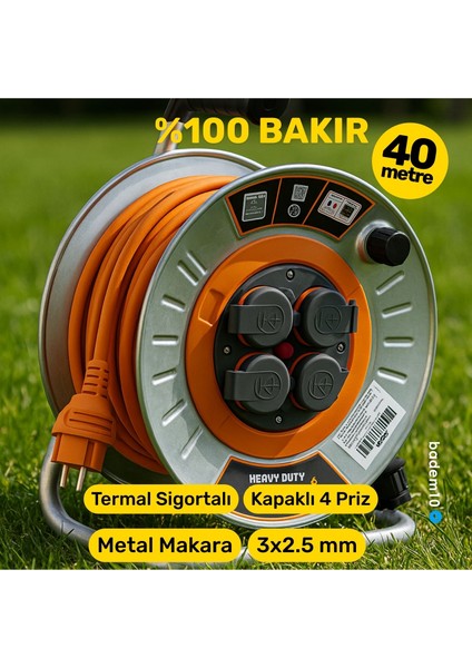 Metal Makaralı Uzatma Kablosu % 100 Bakır 40 Metre 3x2.5 mm Termal Sigortalı Seyyar Kapaklı 4 Prizli fiyatları