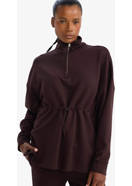 Long Fit Dik Yaka Beli Lastikli Yarım Fermuarlı Modal Sporcu Sweatshirt G4367AX25WN