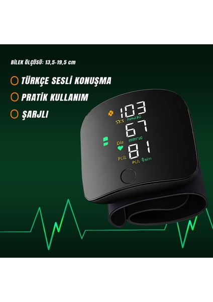 Türkçe Konuşan Bilek Tansiyon Aleti Tam Otomatik Tansiyon ve Nabız Ölçme Şarjlı Dijital Sesli – Akıllı LCD Ekranlı, Hassas Ölçüm, Sesli Tansiyon Aleti, Ev Tipi Cihaz