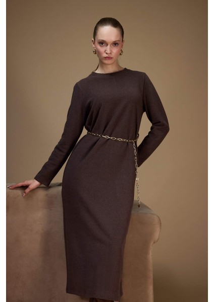 Regular Fit Bisiklet Yaka Uzun Kollu Kemerli Maxi Elbise G1885AX25WN