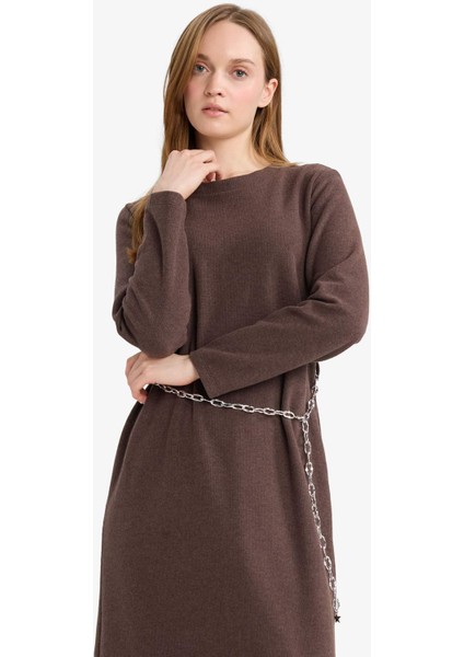 Regular Fit Bisiklet Yaka Uzun Kollu Kemerli Maxi Elbise G1885AX25WN