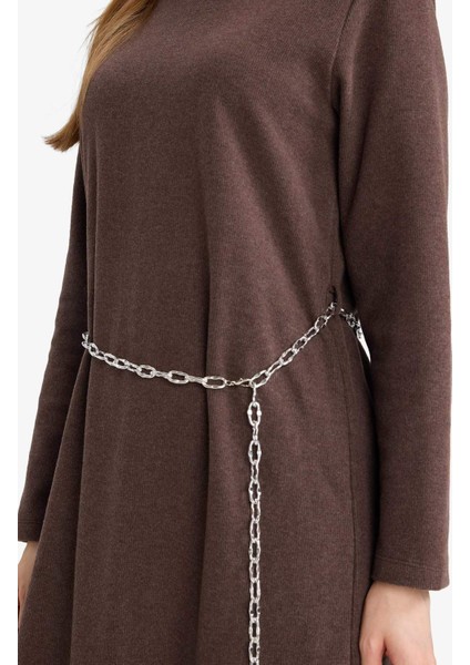 Regular Fit Bisiklet Yaka Uzun Kollu Kemerli Maxi Elbise G1885AX25WN