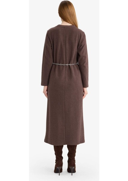 Regular Fit Bisiklet Yaka Uzun Kollu Kemerli Maxi Elbise G1885AX25WN