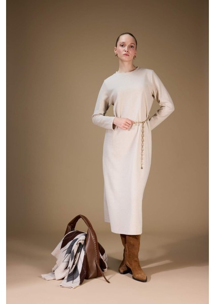 Regular Fit Bisiklet Yaka Uzun Kollu Kemerli Maxi Elbise G1885AX25WN