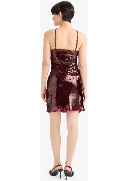 Fitted Halter Yaka Payetli Kumaş Kolsuz Mini Elbise