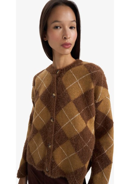 Regular Fit Bisiklet Yaka Baklava Desenli Düğmeli Triko Hırka G3252AX25WN