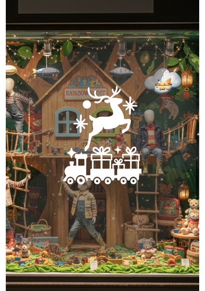 Geyik ve Yılbaşı Tren Tasarımlı Cam Sticker - Yeni Yıl Vitrin Dekoru