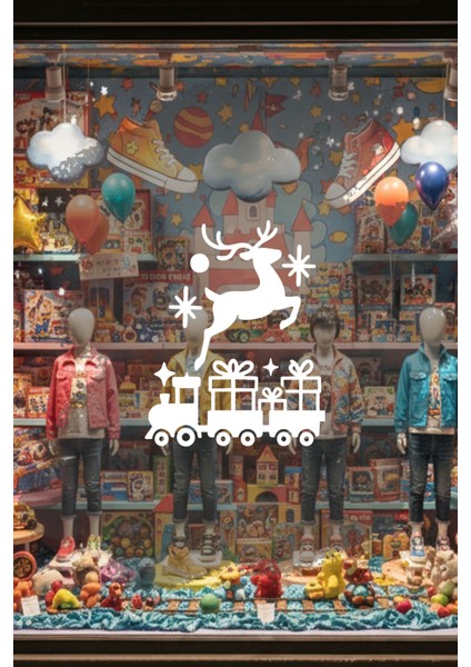 Geyik ve Yılbaşı Tren Tasarımlı Cam Sticker - Yeni Yıl Vitrin Dekoru modelleri