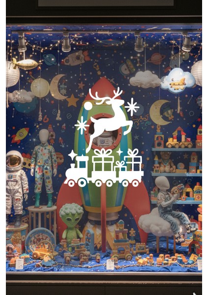 Geyik ve Yılbaşı Tren Tasarımlı Cam Sticker - Yeni Yıl Vitrin Dekoru fırsatları