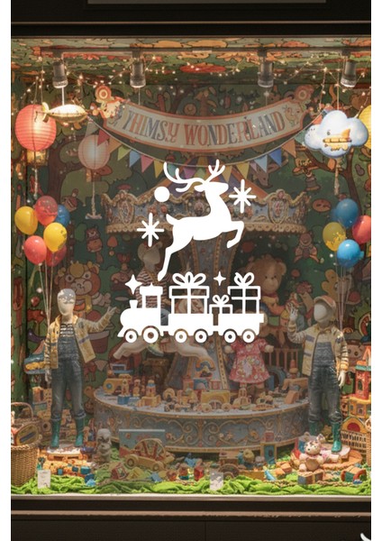 Geyik ve Yılbaşı Tren Tasarımlı Cam Sticker - Yeni Yıl Vitrin Dekoru indirimleri