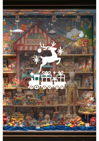 Geyik ve Yılbaşı Tren Tasarımlı Cam Sticker - Yeni Yıl Vitrin Dekoru