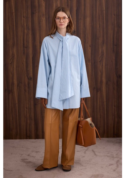 Fiyonk Detaylı Gömlek Bebe Mavi Çizgi