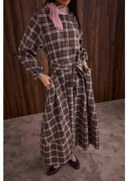 Volanlı Ekose Elbise Kahve indirimleri