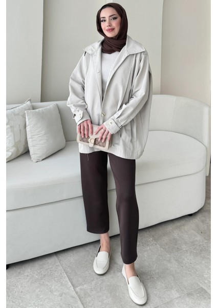 Şerit Detaylı Astarsız Carla Trençkot Standart Beden- Taş (36-42 Uyumludur)
