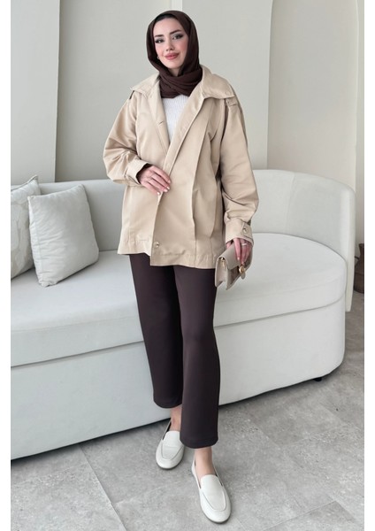 Şerit Detaylı Astarsız Carla Trençkot Standart Beden- Bej (36-42 Uyumludur)
