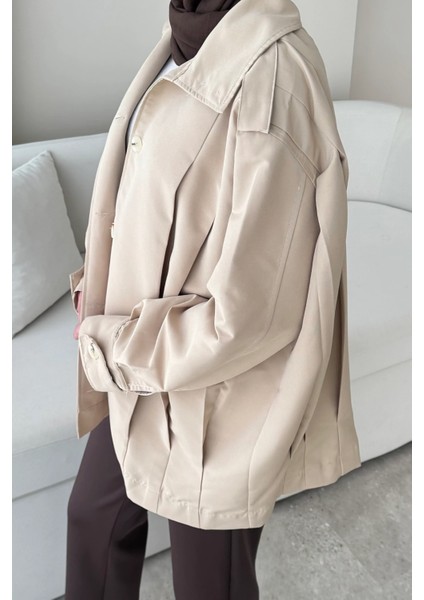 Şerit Detaylı Astarsız Carla Trençkot Standart Beden- Bej (36-42 Uyumludur)