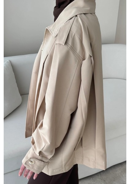 Şerit Detaylı Astarsız Carla Trençkot Standart Beden- Bej (36-42 Uyumludur)