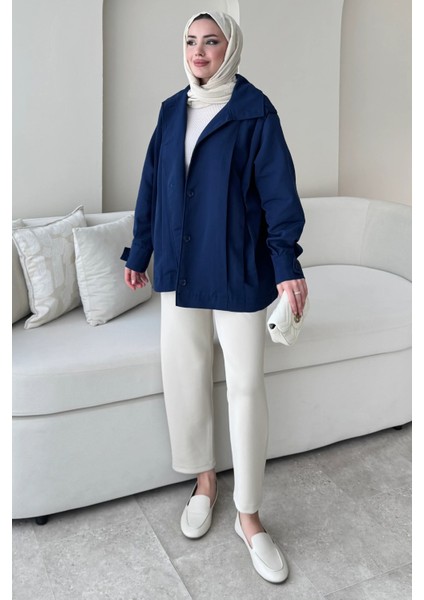 Şerit Detaylı Astarsız Carla Trençkot Standart Beden- Lacivert (36-42 Uyumludur)