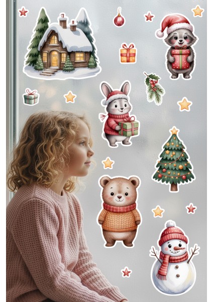 Yeni Yıl Çocuk Odası Cam Sticker Seti – Hayvan Figürleri ve Çam Ağacı Yılbaşı Süsü fırsatları