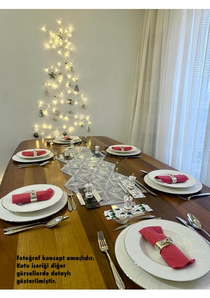 Yılbaşı Sofra Dekor Kutusu – 6 Kişilik LED Işıklı Masa Dekor ve Hediye Seti (Ağaç Süsü Biblo, Kitap Ayracı)