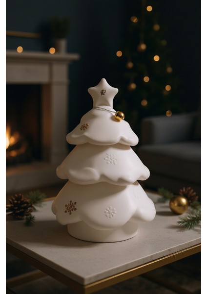 Yılbaşı Çam Ağacı Beton Mumluk, 3 Parça, Inci Mum Hediyeli Beton Dekor, Yılbaşı Süsü