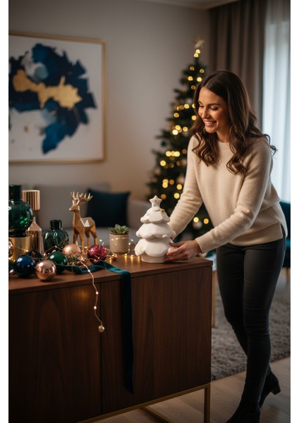 Yılbaşı Çam Ağacı Beton Mumluk, 3 Parça, Inci Mum Hediyeli Beton Dekor, Yılbaşı Süsü fırsatları