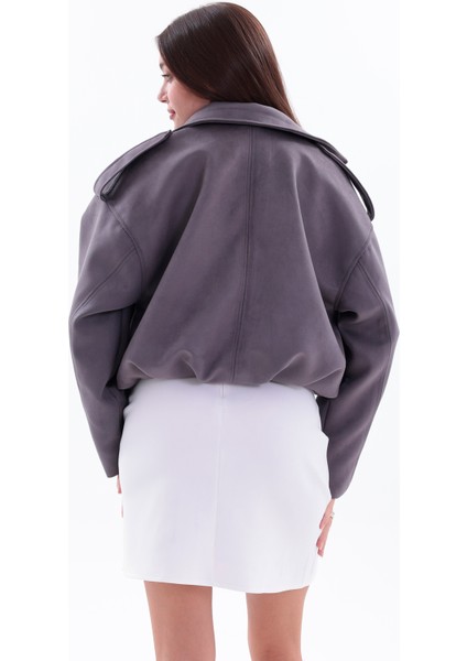 Kadın Süet Oversize Ceket –gri Şık Ikili Set