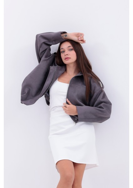 Kadın Süet Oversize Ceket –gri Şık Ikili Set