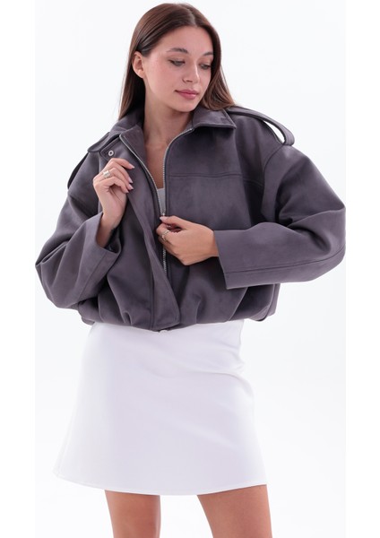 Kadın Süet Oversize Ceket –gri Şık Ikili Set