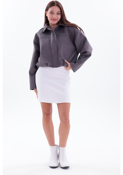 Kadın Süet Oversize Ceket –gri Şık Ikili Set
