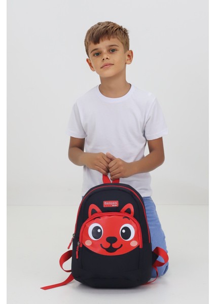 Tilki Figürlü Siyah Kırmızı Anaokulu Kreş Çantası 4 Bölmeli Erkek Çocuk Sırt Çantası