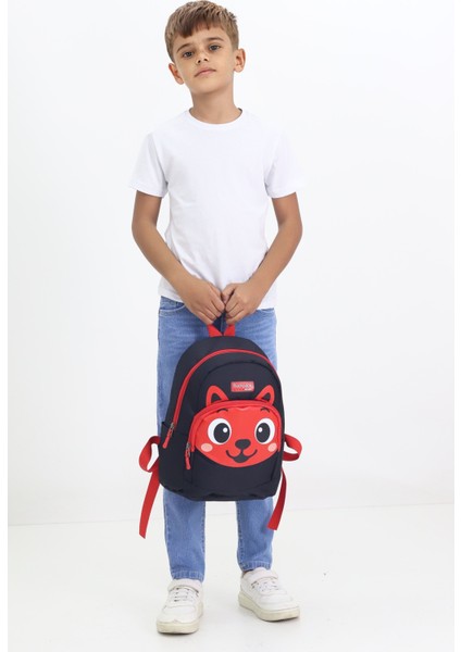 Tilki Figürlü Siyah Kırmızı Anaokulu Kreş Çantası 4 Bölmeli Erkek Çocuk Sırt Çantası fırsatları