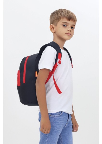 Tilki Figürlü Siyah Kırmızı Anaokulu Kreş Çantası 4 Bölmeli Erkek Çocuk Sırt Çantası